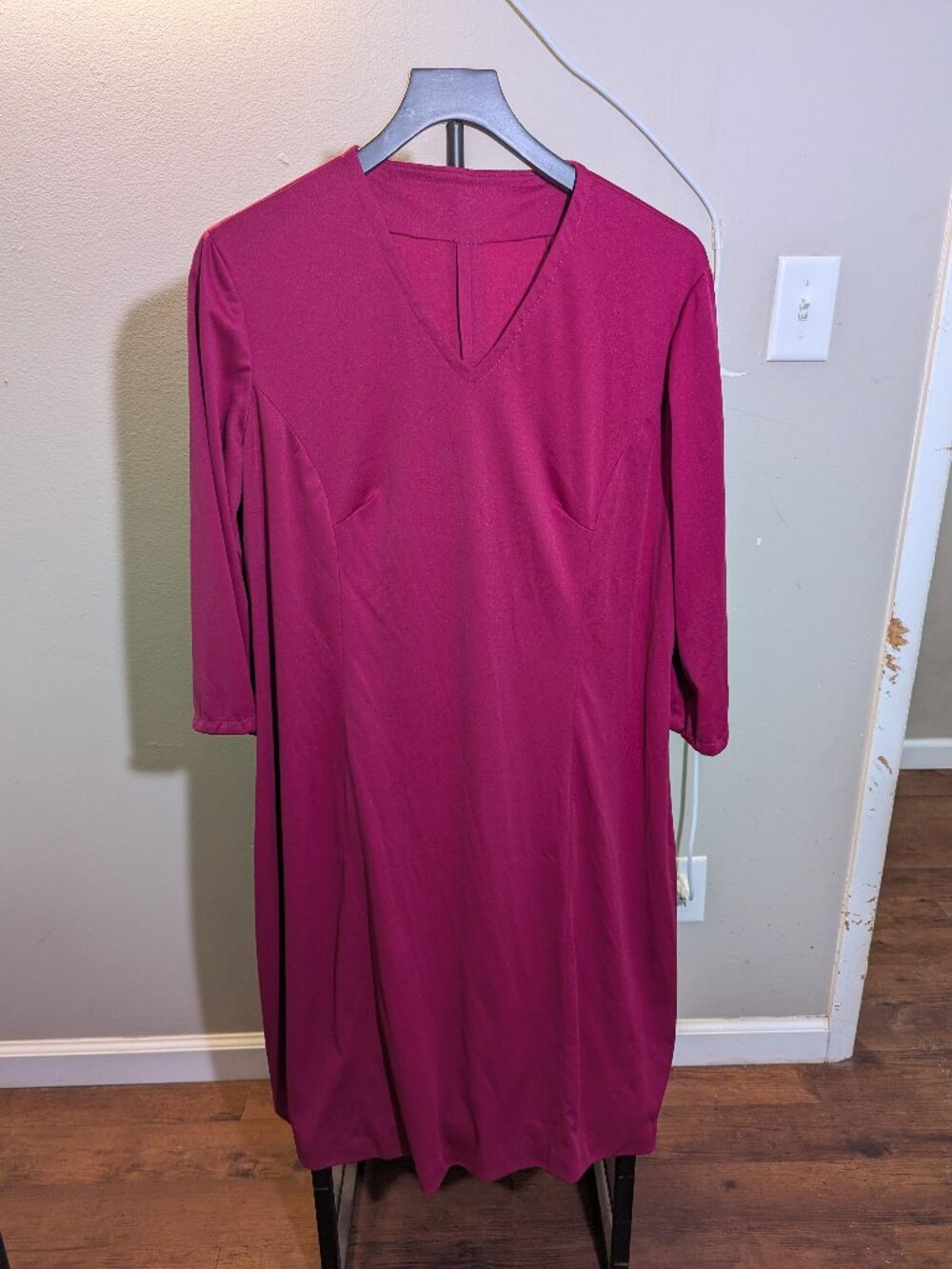 Vintage Handmade V Neck 3/4 Sleeve Red Dress